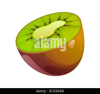 Demi-tranche de kiwi mûr crue de dessin animé. Plante de kiwi tropical à vecteur isolé divisée en deux montrant son intérieur vert vif, ses graines noires et sa peau floue brune, sa texture fraîche et juteuse et sa vue en coupe transversale Illustration de Vecteur