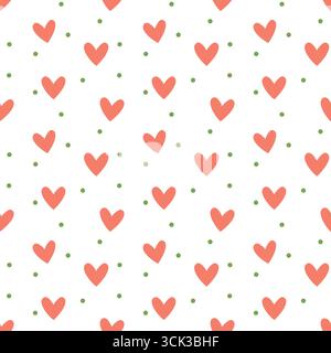 Motif coeur mignon dessiné à la main sans couture avec coeurs roses et pois verts Illustration de Vecteur