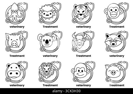 Une collection de visages d'animaux avec le mot vétérinaire écrit en dessous d'eux. Les visages sont tous souriants et portent des stéthoscopes Illustration de Vecteur