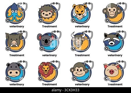 Une collection de visages d'animaux avec le mot vétérinaire écrit en dessous d'eux. Les visages sont tous souriants et portent des stéthoscopes Illustration de Vecteur