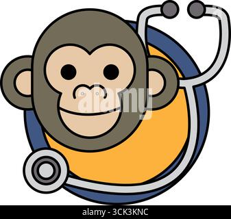 Un singe de dessin animé portant un stéthoscope. Le singe sourit et il est heureux. Le stéthoscope est jaune et bleu Illustration de Vecteur