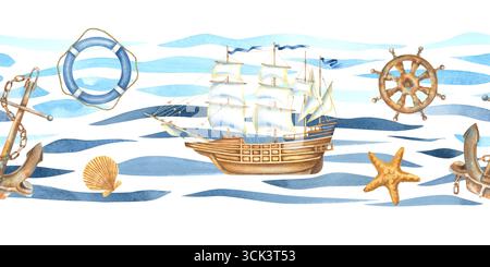 Frontière transparente avec voilier, ancre, volant, bouée de sauvetage et lignes courbes abstraites simples de vagues océaniques. Illustration à l'aquarelle dessinée à la main de Banque D'Images