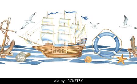 Frontière nautique horizontale sans couture avec voilier, sauveteur, ancre rouillée et stasrfish. Illustration d'aquarelle dessinée à la main avec navire et marine Banque D'Images