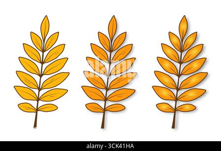 Un ensemble de feuilles d'automne jaune-orange avec des veines et des ombres mises en évidence sur un fond blanc. Illustration de Vecteur