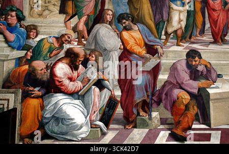 L'École d'Athènes par Alvarez Enciso Domingo 1737 - 1800) était un peintre espagnol, d'après Raphaël (d'après Raffaello Sanzio da Urbino italien) Platon à gauche et Aristote à droite (École d'Athènes, fresque (1508-11) peinte par l'artiste Raphaël, dans la strophe della Segnatura, une chambre dans les appartements privés du pape Jules II au Vatican.) L'école d'Athènes est une célèbre fresque de la Renaissance de Raphaël qui symbolise la philosophie et la poursuite intellectuelle de la connaissance. La peinture représente un grand rassemblement classique de philosophes grecs anciens, mathématiciens et scientifiques, Banque D'Images