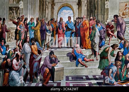 L'École d'Athènes par Alvarez Enciso Domingo 1737 - 1800) était un peintre espagnol, d'après Raphaël (d'après Raffaello Sanzio da Urbino italien) Platon à gauche et Aristote à droite (École d'Athènes, fresque (1508-11) peinte par l'artiste Raphaël, dans la strophe della Segnatura, une chambre dans les appartements privés du pape Jules II au Vatican.) L'école d'Athènes est une célèbre fresque de la Renaissance de Raphaël qui symbolise la philosophie et la poursuite intellectuelle de la connaissance. La peinture représente un grand rassemblement classique de philosophes grecs anciens, mathématiciens et scientifiques, Banque D'Images