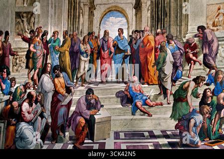 L'École d'Athènes par Alvarez Enciso Domingo 1737 - 1800) était un peintre espagnol, d'après Raphaël (d'après Raffaello Sanzio da Urbino italien) Platon à gauche et Aristote à droite (École d'Athènes, fresque (1508-11) peinte par l'artiste Raphaël, dans la strophe della Segnatura, une chambre dans les appartements privés du pape Jules II au Vatican.) L'école d'Athènes est une célèbre fresque de la Renaissance de Raphaël qui symbolise la philosophie et la poursuite intellectuelle de la connaissance. La peinture représente un grand rassemblement classique de philosophes grecs anciens, mathématiciens et scientifiques, Banque D'Images