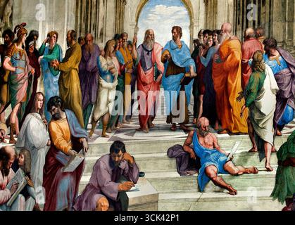 L'École d'Athènes par Alvarez Enciso Domingo 1737 - 1800) était un peintre espagnol, d'après Raphaël (d'après Raffaello Sanzio da Urbino italien) Platon à gauche et Aristote à droite (École d'Athènes, fresque (1508-11) peinte par l'artiste Raphaël, dans la strophe della Segnatura, une chambre dans les appartements privés du pape Jules II au Vatican.) L'école d'Athènes est une célèbre fresque de la Renaissance de Raphaël qui symbolise la philosophie et la poursuite intellectuelle de la connaissance. La peinture représente un grand rassemblement classique de philosophes grecs anciens, mathématiciens et scientifiques, Banque D'Images