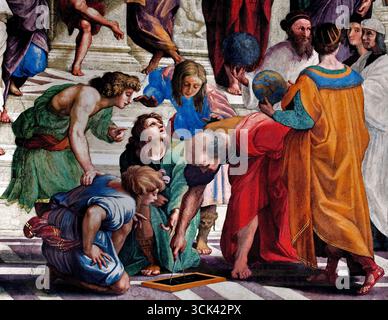 L'École d'Athènes par Alvarez Enciso Domingo 1737 - 1800) était un peintre espagnol, d'après Raphaël (d'après Raffaello Sanzio da Urbino italien) Platon à gauche et Aristote à droite (École d'Athènes, fresque (1508-11) peinte par l'artiste Raphaël, dans la strophe della Segnatura, une chambre dans les appartements privés du pape Jules II au Vatican.) L'école d'Athènes est une célèbre fresque de la Renaissance de Raphaël qui symbolise la philosophie et la poursuite intellectuelle de la connaissance. La peinture représente un grand rassemblement classique de philosophes grecs anciens, mathématiciens et scientifiques, Banque D'Images