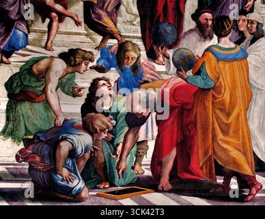 L'École d'Athènes par Alvarez Enciso Domingo 1737 - 1800) était un peintre espagnol, d'après Raphaël (d'après Raffaello Sanzio da Urbino italien) Platon à gauche et Aristote à droite (École d'Athènes, fresque (1508-11) peinte par l'artiste Raphaël, dans la strophe della Segnatura, une chambre dans les appartements privés du pape Jules II au Vatican.) L'école d'Athènes est une célèbre fresque de la Renaissance de Raphaël qui symbolise la philosophie et la poursuite intellectuelle de la connaissance. La peinture représente un grand rassemblement classique de philosophes grecs anciens, mathématiciens et scientifiques, Banque D'Images