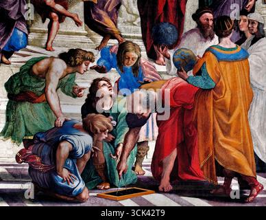 L'École d'Athènes par Alvarez Enciso Domingo 1737 - 1800) était un peintre espagnol, d'après Raphaël (d'après Raffaello Sanzio da Urbino italien) Platon à gauche et Aristote à droite (École d'Athènes, fresque (1508-11) peinte par l'artiste Raphaël, dans la strophe della Segnatura, une chambre dans les appartements privés du pape Jules II au Vatican.) L'école d'Athènes est une célèbre fresque de la Renaissance de Raphaël qui symbolise la philosophie et la poursuite intellectuelle de la connaissance. La peinture représente un grand rassemblement classique de philosophes grecs anciens, mathématiciens et scientifiques, Banque D'Images