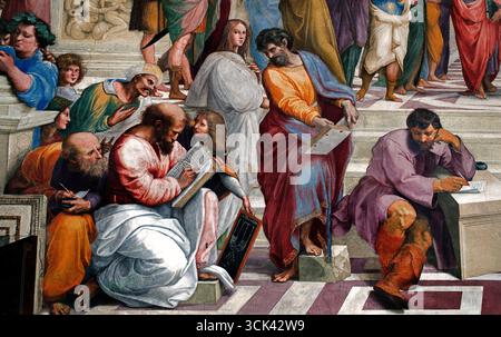 L'École d'Athènes par Alvarez Enciso Domingo 1737 - 1800) était un peintre espagnol, d'après Raphaël (d'après Raffaello Sanzio da Urbino italien) Platon à gauche et Aristote à droite (École d'Athènes, fresque (1508-11) peinte par l'artiste Raphaël, dans la strophe della Segnatura, une chambre dans les appartements privés du pape Jules II au Vatican.) L'école d'Athènes est une célèbre fresque de la Renaissance de Raphaël qui symbolise la philosophie et la poursuite intellectuelle de la connaissance. La peinture représente un grand rassemblement classique de philosophes grecs anciens, mathématiciens et scientifiques, Banque D'Images