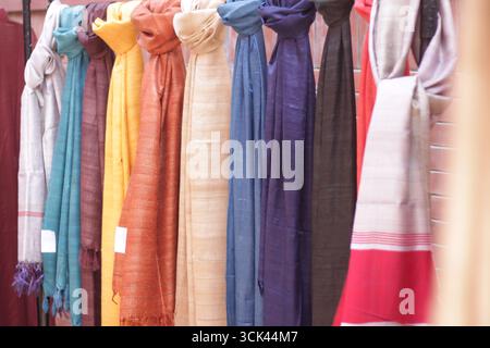 Tissus de soie indiens colorés pour femmes exposés lors d'une exposition à New Delhi. Banque D'Images