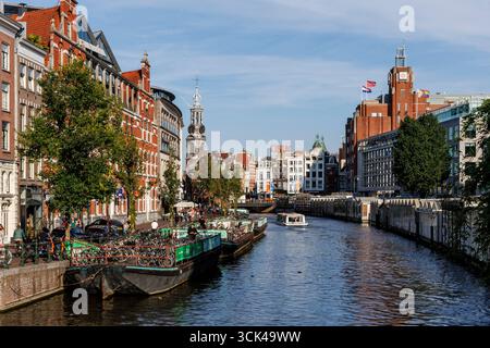 Vue sur le canal Singel jusqu'à la tour Munttoren dans le centre-ville, sur la droite les stands du marché aux fleurs, Amsterdam, pays-Bas. Blick Uber Banque D'Images