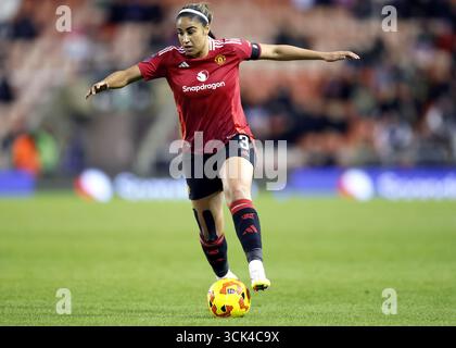 Photo du dossier datée du 26-01-2025 de Gabby George de Manchester United. Manchester United sera sans Gabby George et Fridolina Rolfo pour la première étape de sa qualification en Ligue des Champions contre SK Brann. Date d'émission : mercredi 10 septembre 2025. Banque D'Images