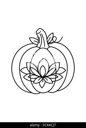 Dessin au trait d'une citrouille stylisée avec motif de fleur de lotus. Idéal pour la coloration, l'artisanat et la décoration d'automne ou d'Halloween. Illustration de Vecteur