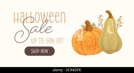 Bannière promotionnelle de vente d'Halloween avec citrouille mignonne et gourde dans le style cottagecore boho. Idéal pour la conception marketing d'automne. Illustration de Vecteur