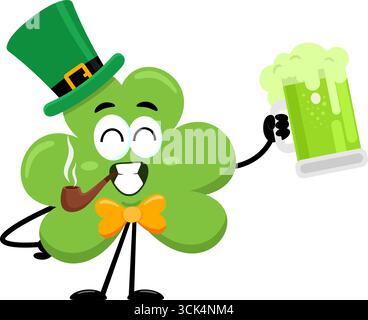 Patrick's Clover Leaf Cartoon Character avec Pipe Holding Mug de bière. Illustration vectorielle Flat Design isolé sur fond transparent Illustration de Vecteur