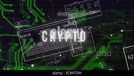 Affichage de texte CRYPTÉ dans une interface réseau virtuelle, avec panneaux de données flottants et circuits verts Banque D'Images
