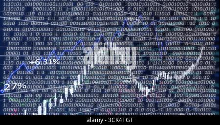 Affichage graphique en chandelier montrant une ligne de tendance blanche montante sur une grille bleu foncé, superposition binaire Banque D'Images