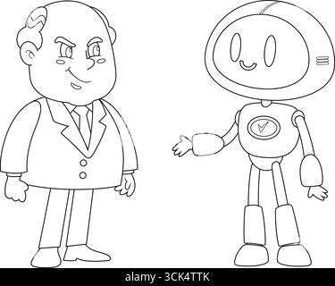 Décrit Smiling Business Boss Man Cartoon personnage et ai robot. Illustration vectorielle dessinée à la main isolée sur fond transparent Illustration de Vecteur