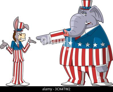 Démocrate Donkey vs Republican Elephant Cartoon personnages. Illustration vectorielle dessinée à la main isolée sur fond transparent Illustration de Vecteur
