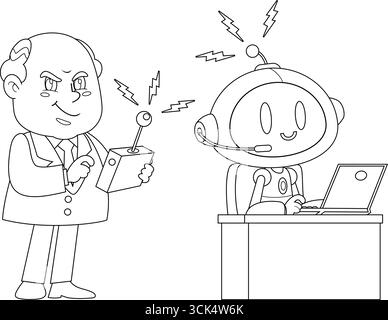 Décrit le personnage de dessin animé Business Boss Man à l'aide de Remote pour activer ai robot Control. Illustration vectorielle dessinée à la main Illustration de Vecteur