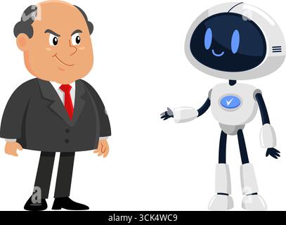 Smiling Business Boss Man Cartoon personnage et robot ai. Illustration vectorielle Flat Design isolé sur fond transparent Illustration de Vecteur