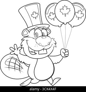 Décrit le personnage de Canadian Beaver Cartoon courant avec une montgolfière pour Happy Canada Day. Illustration vectorielle dessinée à la main Illustration de Vecteur