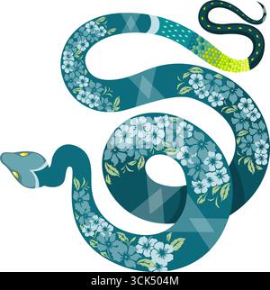 Serpent décoratif vert et bleu pour année du serpent 2025. Illustration vectorielle Flat Design isolé sur fond transparent Illustration de Vecteur