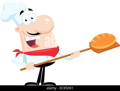 Joyeux Chef Baker Man personnage de dessin animé tenant Bakery Peel Tool avec du pain. Illustration vectorielle Flat Design isolé sur fond transparent Illustration de Vecteur