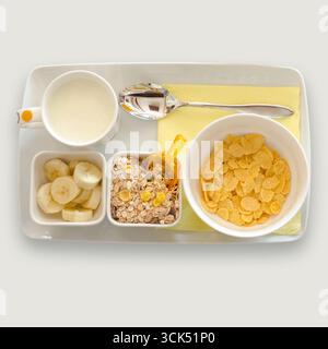 Un plateau de petit déjeuner avec yaourt, tranches de banane, granola et cornflakes avec une cuillère. Banque D'Images