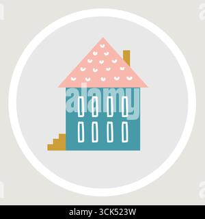 Illustration stylisée d'une maison avec un toit rose et des murs bleus, conçue à des fins décoratives ou éducatives. Banque D'Images