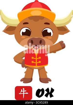 Mignon personnage de dessin animé du nouvel an chinois avec signe. Illustration vectorielle Flat Design isolé sur fond transparent Illustration de Vecteur