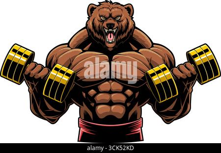 Fierce Bodybuilder Bear Lifting Dumbbells Sports Mascot logo Design. Illustration vectorielle dessinée à la main isolée sur fond transparent Illustration de Vecteur