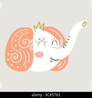 Un éléphant mignon de style dessin animé avec une couronne, avec une expression joyeuse et un design fantaisiste. Banque D'Images