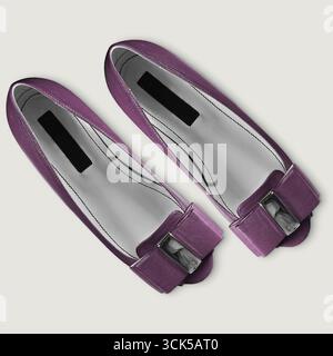 Une paire d'élégantes ballerines violettes ornées d'un noeud, à l'effigie de la chaussure. Banque D'Images