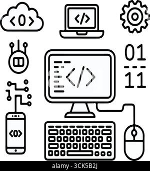 Icônes de codage et de programmation définies dans des illustrations dessinées à la main Illustration de Vecteur