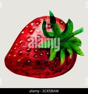 Une illustration aquarelle vibrante d'une fraise mûre avec des feuilles vertes. Banque D'Images