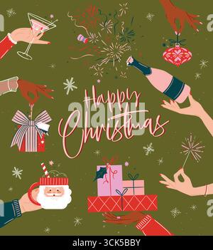 Affiche de célébration de Noël avec bouteille de maintien de main, cadeaux, feux d'artifice, jouet d'arbre, verre de cocktail et dessin de coupe de père noël dans le style vintage d'art sur vert Illustration de Vecteur