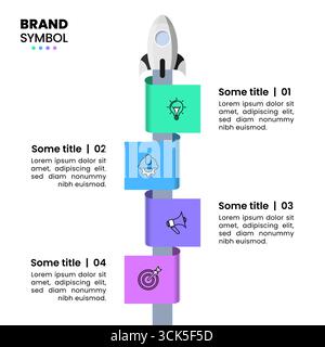Modèle d'infographie avec icônes et 4 options ou étapes. Fusée. Peut être utilisé pour la mise en page de flux de travail, le diagramme, la bannière, la conception Web. Illustration vectorielle Illustration de Vecteur