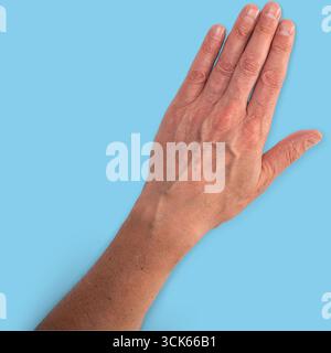 Une main humaine levée avec les doigts tendus, montrant la paume et le poignet. Banque D'Images