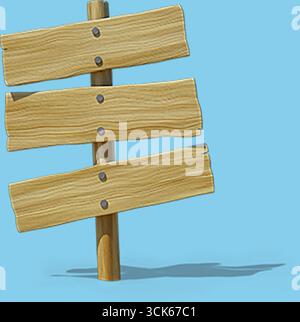 Un panneau de signalisation en bois avec trois planches vierges, généralement utilisé à des fins directionnelles ou informatives. Banque D'Images