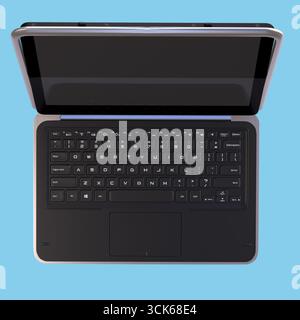Vue de haut en bas d'un ordinateur portable ouvert présentant son clavier et son écran. Banque D'Images