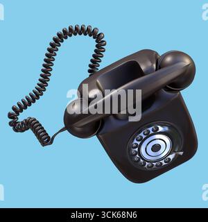 Un téléphone rotatif noir classique avec un cordon enroulé, symbolisant la technologie de communication vintage. Banque D'Images