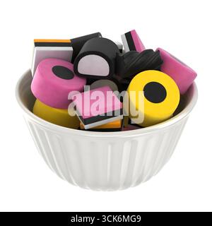 Un bol rempli de bonbons à la réglisse colorés et assortis de différentes formes et couleurs. Banque D'Images