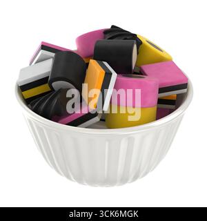 Un bol rempli de bonbons à la réglisse colorés de différentes formes et tailles. Banque D'Images