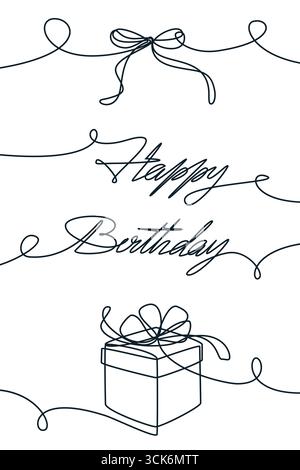 Illustration de ligne continue dessinée à la main de vecteur de boîte-cadeau avec arc et lettrage joyeux anniversaire. Design élégant abstrait monoline pour carte de voeux, Illustration de Vecteur