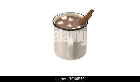 Un mug confortable rempli de chocolat chaud, surmonté de guimauves et d'un bâton de cannelle, parfait pour l'échauffement. Banque D'Images