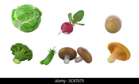 Une collection de divers légumes, y compris le chou, le radis, le brocoli et les champignons, mettant en valeur les produits frais. Banque D'Images
